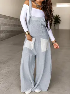 Women's Casual Wide Leg Jumpsuit, Loose Fit Colorblock Patchwork, Belted with Pockets, Ideal for Daily Wear (no Top Included)