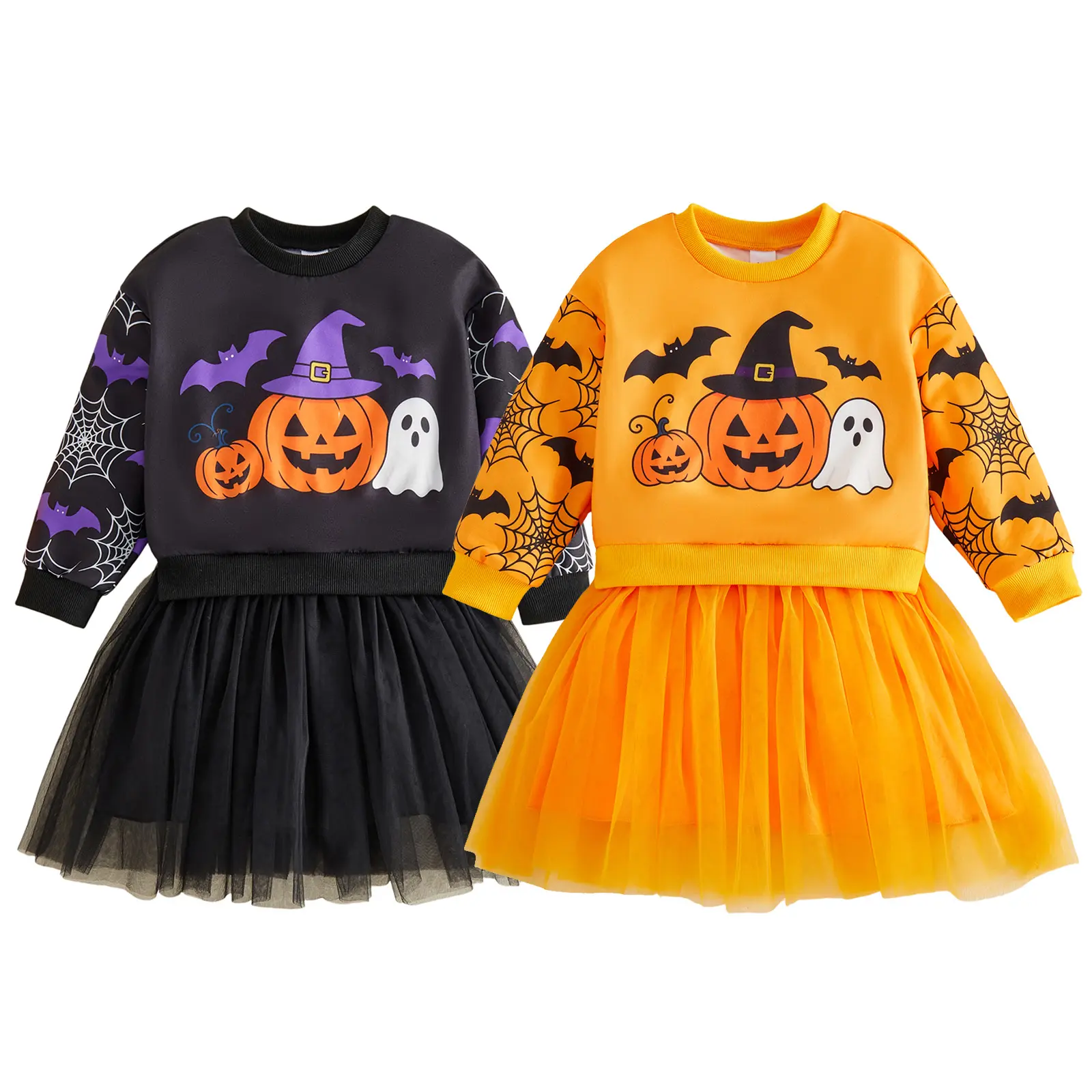 Baby Clothing Toddler Dresses for Little Girls, Halloween Theme Pumpkin Ghost Print, Long Sleeve Polyester Fall Tulle Dress with Tulle Skirt, 1-6 Years