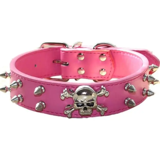 Cool Skull 2 Rows Bullet Rivets Spiked PU Leather Dog Collar