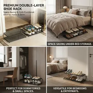 2-Tier Shoe Rack, Space Saving Under Bed Storage Organizer for Dorm Bedroom Entryway, Multi-Functional Shoes Shelf for Home Essentials