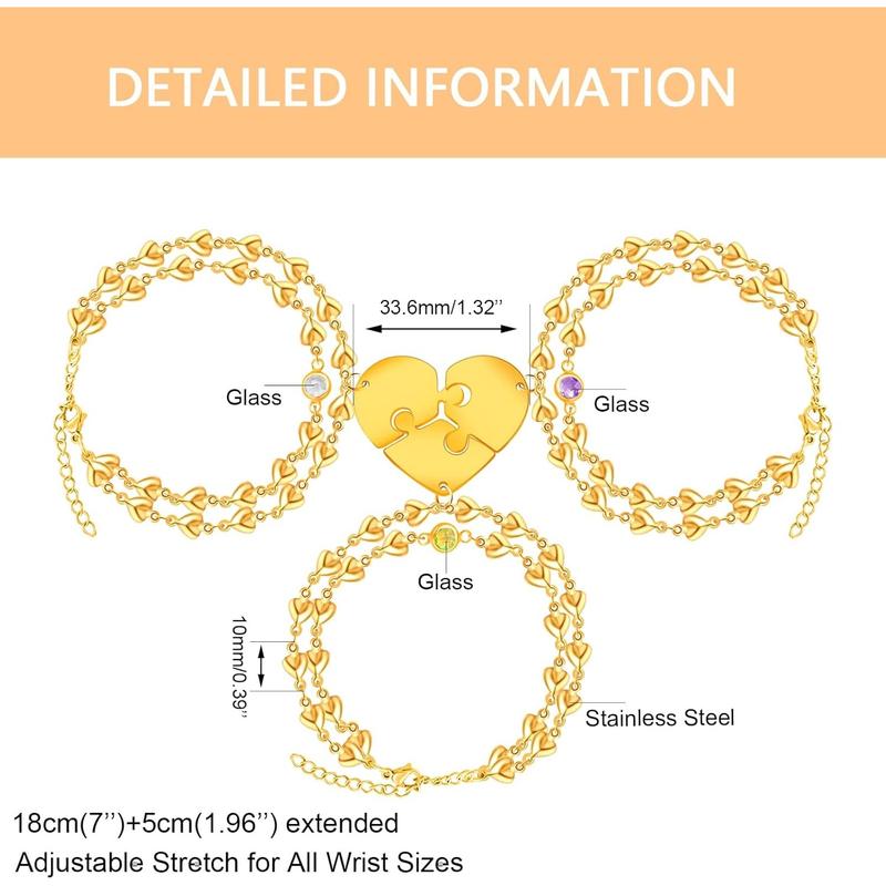 Uloveido Personalized 3 Pieces BFF Heart Puzzle Bracelets with 3 Gift Boxes – Custom Name Stainless Steel Matching Friendship Bracelets for 3 Best Friends