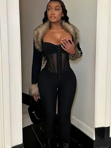 Women Sexy Mesh Patchwork See Through Bodycon Jumpsuits Spaghetti Strap One Piece Romper Club Outfits, Solid Mesh Casual Jumpsuit Spaghetti Strap Body-Shaping Romper Overall Female One-Piece Pants Fashion Streetwear Lingerie