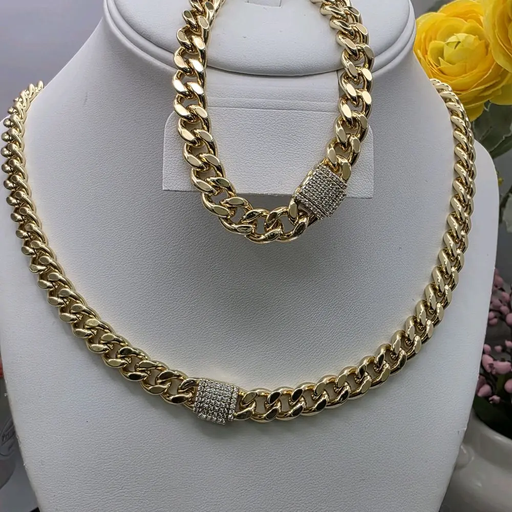 # 0367 14k Gold Plated High-Quality Cuban Link Jewelry Set - 18" Necklace with Diamond-Accented Box Clasp, 7.5" 8MM Bracelet for Versatile Occasions