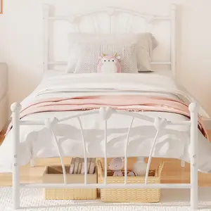 Garvee Twin Bed Frame with Heart Shaped Headboard and Tailboard, Heavy Metal Slat Support, Noiseless, Durable White Bed Frame Perfect for Youth Bedrooms