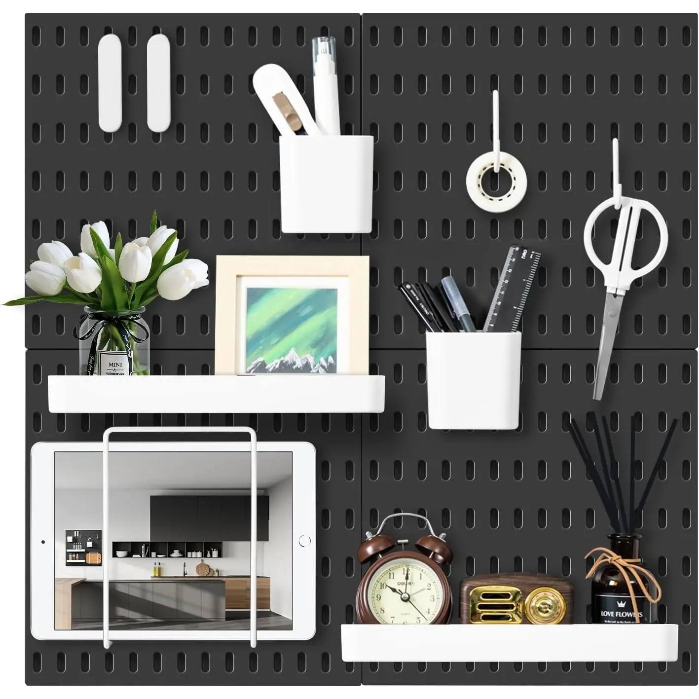 VUSIGN Pegboard Combination Wall Organizer Kit, 4 Pieces Pegboards and 17 Accessories Modular Hanging, Wall Mount Display Peg Board Panel Kits for Bedroom, Home, Office, Bathroom, 22" x 22", Black