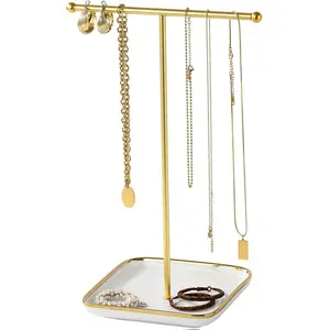 modern T-shaped jewelry rack, jewelry tower, gold metal, square ceramic base decoration display tower, necklace, bracelet, ring storage rack (1Tiers)