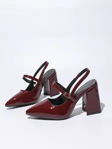 Women's chunky heel comfortable and breathable high-heeled sandals, glossy patent leather, pointed toe, Mary Jane straps, open back design, suitable for light social occasions such as European-style dates and cocktail parties.
