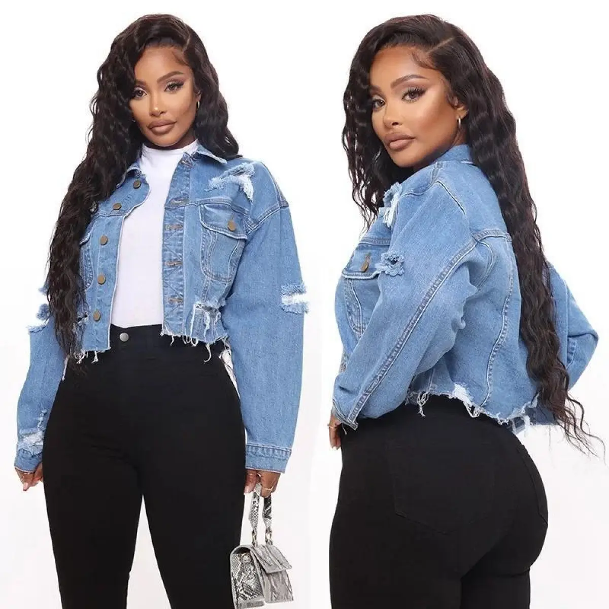 Women's Ripped Jean Jacket, Solid Streetwear Retro Hip-Hop Style - Longsleeves Fitted Short Outer Layer Cotton Outerwear with Beads, Casual All-Season Tops, Machine Washable