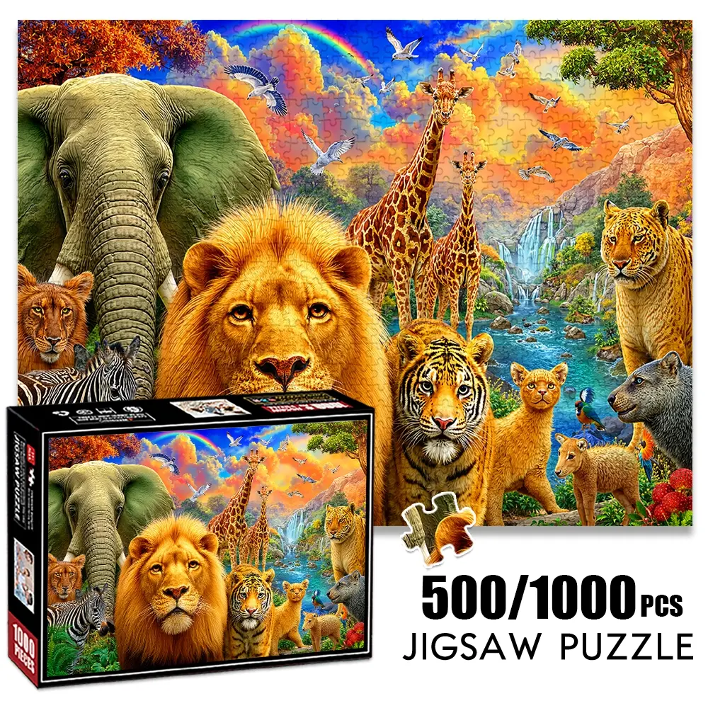 1pc 1000 piece adult puzzle 70x50cm Lion, Elephant, Giraffe, Tiger, Zebra & More Wildlife in Scenic Landscape 500 pieces paper jigsaw puzzle suitable for DIY creative games for adults and familie