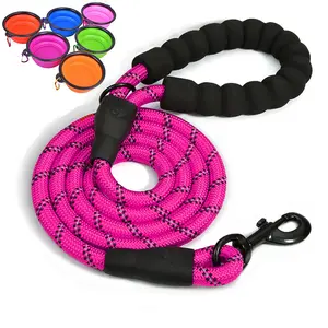 Heavy Duty  Rope  5FT with Comfortable Padded Handle and Highly Reflective Threads for Medium Large , No Pull   with Free Collapsible Travel Bowl
