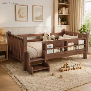 Twin Size Solid Wood Toddler Floor Bed with Storage Bookcases, Cute Stairs, Guardrails, No Box Spring Needed, Natural Finish, Toddler Bed Preschool Bed