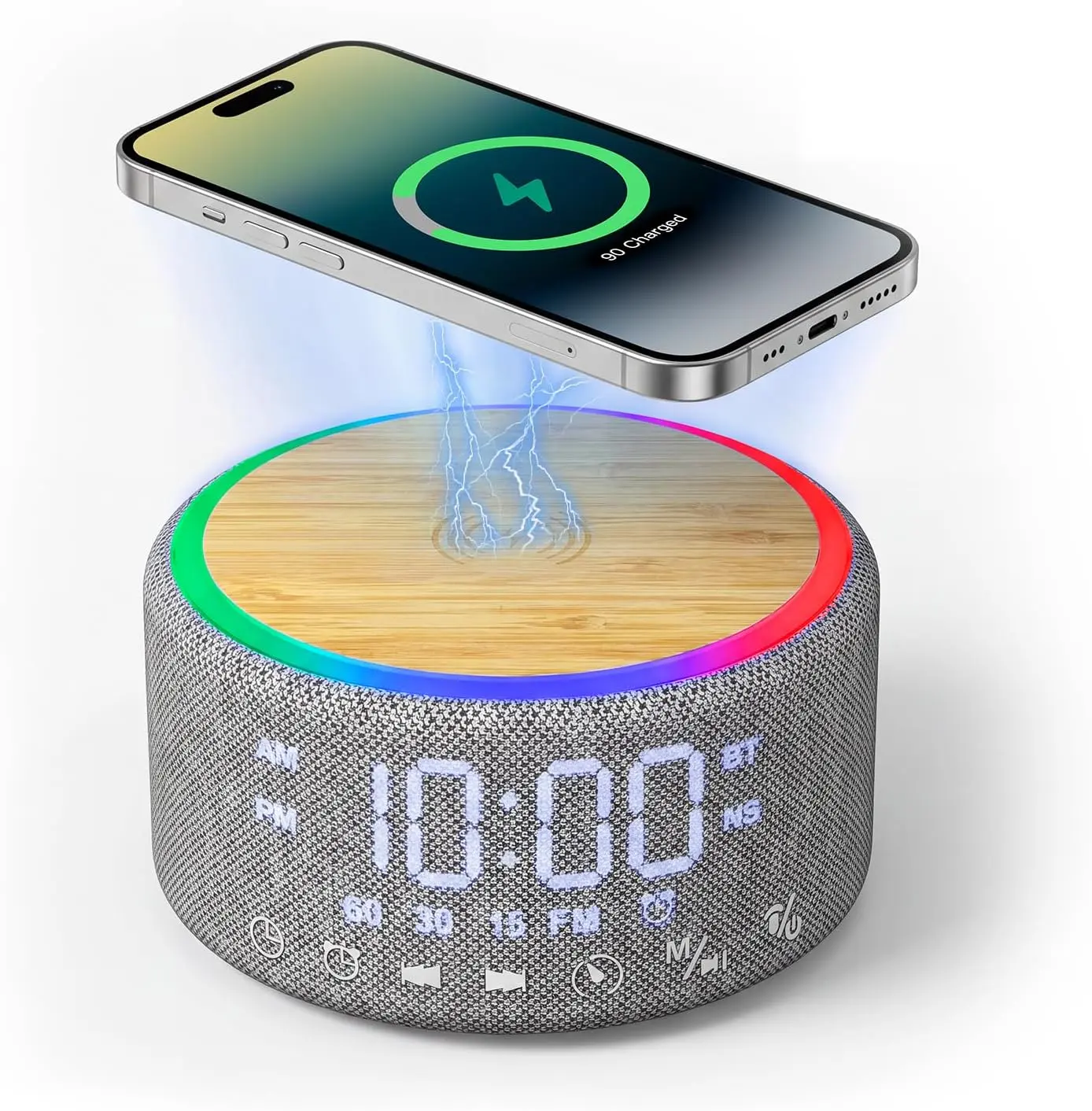 All-in-1 Round Table Alarm Clock, Bluetooth Speaker with 15W Wireless Charger, White Noise & LED Light