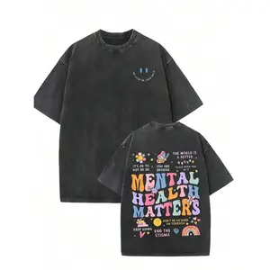 Positive Attitude Towards Mental Health Care T-Shirt With "MENTAL HEALTH MATTERS", Psychological Care Double-Sided Print Washed Tee, Y2K Style Shirt, Women's and Men's Fashion Patterned T-Shirts, 100% Cotton, Perfect For Casual Wear And Street Style