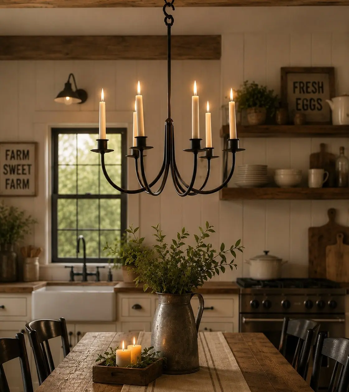 6 ARM WROUGHT IRON CANDLE CHANDELIER - Amish Hand Forged Colonial Candelabra