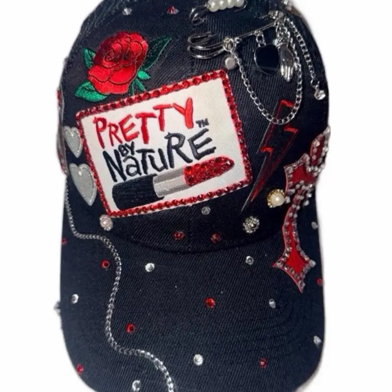 Pretty By Nature Black-Red Trucker Hat, Luminous Glamorous Rhinestone Hat with Bling Embellishment, Fashion Accessory for Spot Clean Care