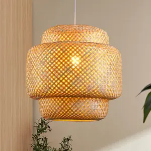 Bamboo Pendant Light, Handmade Woven Boho Basket Rattan Hanging Chandelier for Kitchen Island Dining Room Living Room Porch