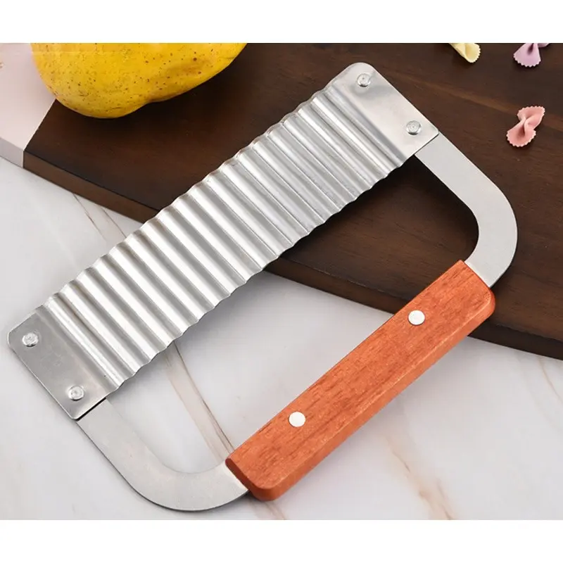 Stainless Steel Kitchen Cutter Set - Wooden Handle Potato Fry Cutter, Handle-Less Multi-Functional Vegetable Chopper, Crinkled-Cut Chip Utensil, Fry Cutter For Potatoes