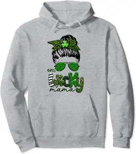 One Lucky Mama Messy Bun Mom Life Pullover Hoodie - Codyweav Shop 86B0C65LV5CX
