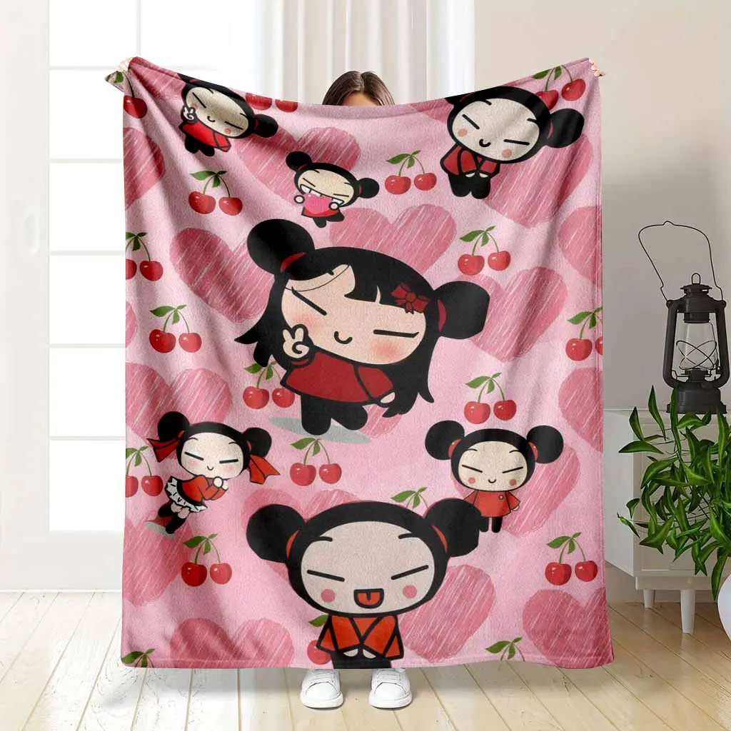 Pucca Pucca Flannel Fleece Blanket Adorable Cartoon Cherry Print Ultra Soft Cozy Warm Lightweight Perfect for Sofa Couch Bed Decor Home Living Room Bedroom Decoration Travel Camping Gift for Fans