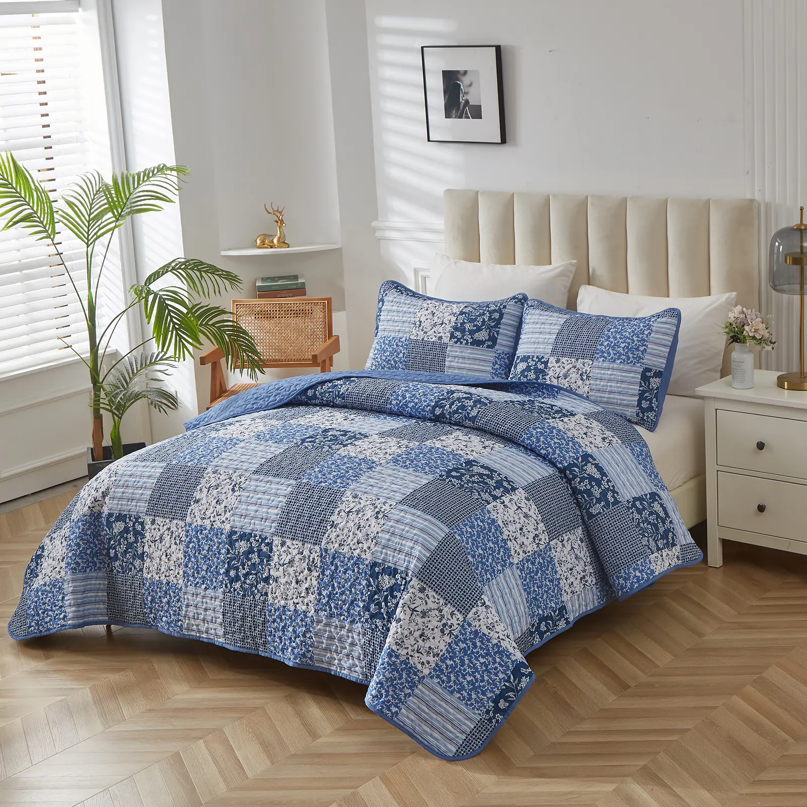 3 Pieces Plaid Floral Queen King Size Quilted Bedspread Set Blue Boho Coverlet Set for All Season Bohemian Patchwork Reversible Bedding Set Bedsheet Sets