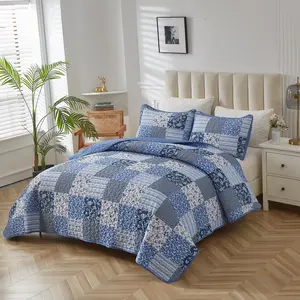 3 Pieces Plaid Floral Queen King Size Quilted Bedspread Set Blue Boho Coverlet Set for All Season Bohemian Patchwork Reversible Bedding Set Bedsheet Sets