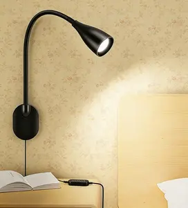 Wall-Mounted LED Bedside Reading Light | USB Charging Port, 5 Color Modes & 10-Level Dimmable, Plug-in Adhesive Night Lamp, Eye-Caring Bedroom Lighting (Black)