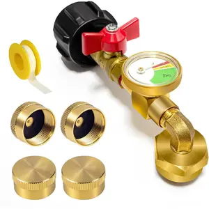 Refill Adapter for 1 LB. Tanks,  Adapter 20lb to 1lb Converter with Gauge Valve,  Refill Elbow Adapter with 4 Bottle Caps for BBQ Grill Stove Camping RV, Solid Brass