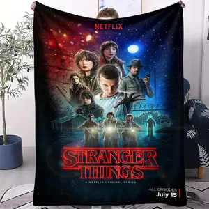 Stranger Things Theme Flannel Blanket, Group Comic Book Style Character Themed Blanket, 100% Polyester Soft Blanket, Perfect Gift Blanket for Kids, Great for Living Room, Bedroom, Camping