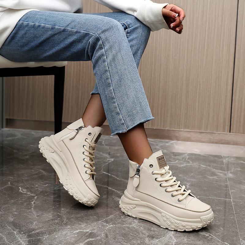 Women's height increasing high top Athletic - thick soled lace up sneakers, EVA/rubber sole, round toe and minimalist design | Four season casual street shoes with arch support | Solid color design, thick and comfortable and stable height increase