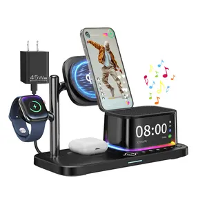 BLACKPAI 6-in-1 Wireless Charging Station for Multiple Apple Devices with Bluetooth Speakers,Alarm Clock and RGB Colorful Ambient Night Light, Qi2.2 support 25W Magsafe Charger Stand for iPhone 17/16/15/14/13/12 Series,Apple Watch Ultra/11/10/SE, Airpods