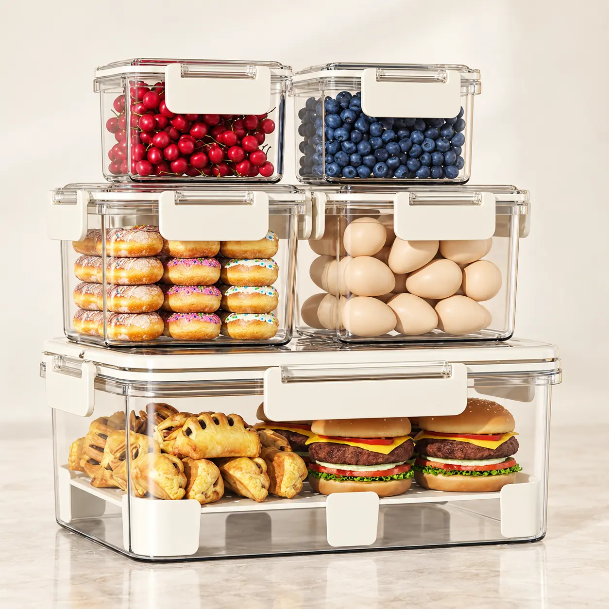 5-Piece Airtight Food Storage Containers with Lids, Clear Stackable Fridge Organizer Boxes for Fruits, Vegetables, Snacks, Meal Prep & Kitchen Storage