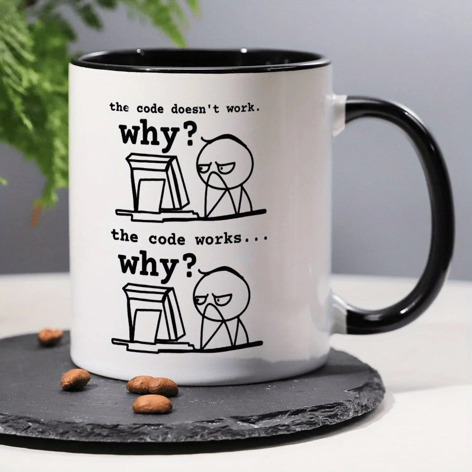11oz Ceramic Coffee Mug with "THE CODE DOESN'T WORK... WHY?" Funny Programming Slogan - Microwave Safe, Durable Design, Perfect Gift for Programmers, Engineers, IT Professionals - Office & Home Use, Work Humor