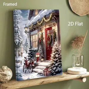 2D flat decorative painting, 1 canvas poster, snow scene Christmas cabin art painting--red door, colorful lights, bicycle and gift elements, a great gift for Halloween and Christmas, suitable for office, kitchen, living room, bedroom and other home wall d