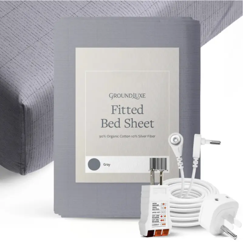 GroundLuxe Organic Fitted Grounding Sheet - Organic Cotton Fitted Bed Sheet with 10% Silver Fiber, Durable, Skin-Friendly, 15-Foot Universal Grounding Cord, Conductive Anti-Static Metal Mesh, Machine Washable