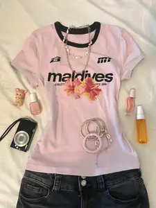 1 Piece Contrast Trim Crew Neck Letter Floral Print Short Sleeve T-shirt, Vacation Style Fitted Top