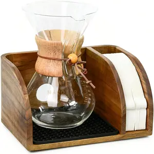 Coffee Bar Station Organizer Stand, Wooden Pour Over Maker Caddy Storage Organizers, Coffee Filter Holder for Countertop with Heatproof Mat (9.4*7*5.1 inch) Glass Coffee Maker not included
