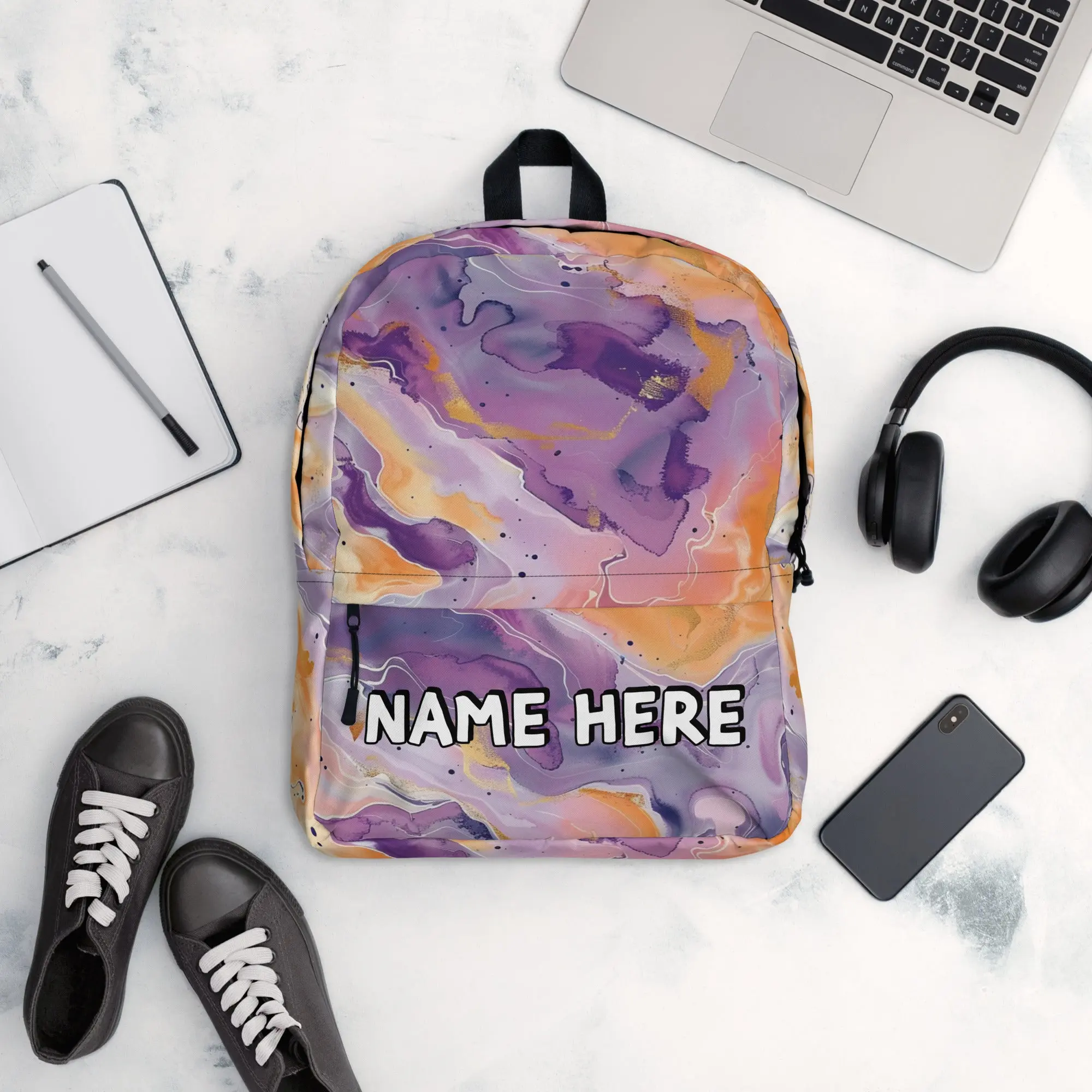 Custom Name Marble Backpack, Personalized Elegant Rucksack, Customized Minimalist School Bag, Abstract Gift, Marble Present