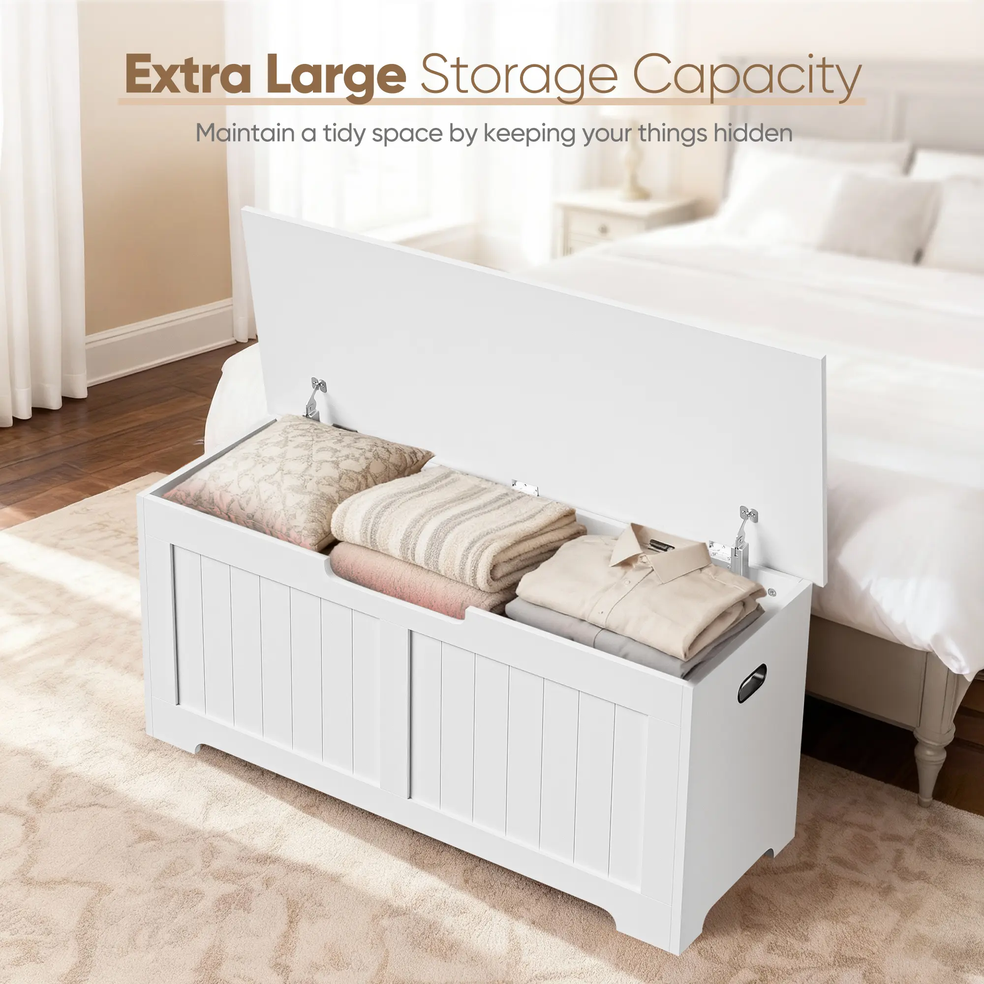 Modern White MDF Wood Storage Chest Bench - Portable Storage Cabinet with 300lb Capacity, Spacious, Easy Set-Up, Side Handles, Assembly Required, Versatile Usage for Living Room Toy Organization Indoor Furniture