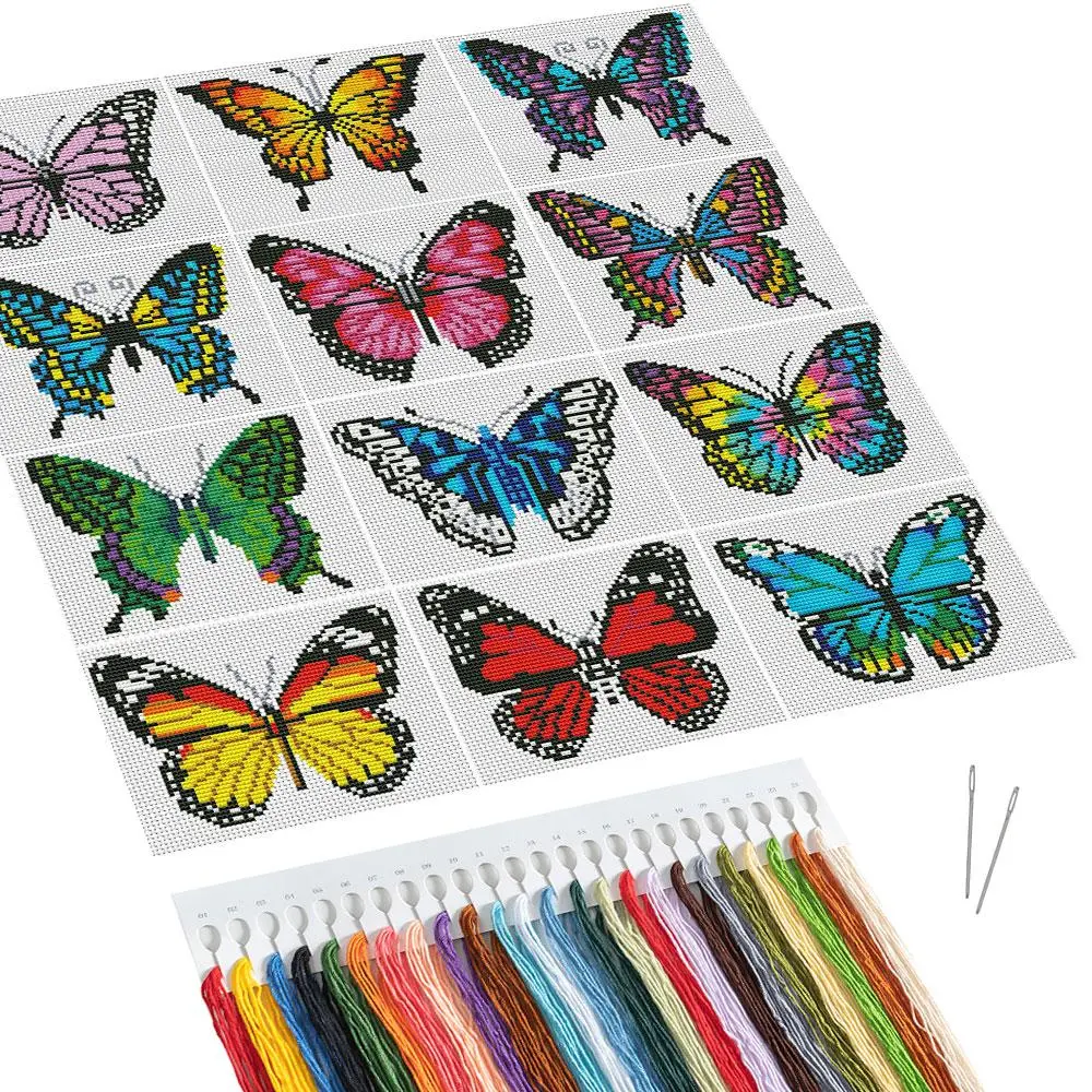 Butterfly Pattern Cross Stitch Kit, 12pcs/set DIY Cross Stitch for Adults, Cross Stitch Printed Canvas Animal Holiday Handmade Gifts, Embroidery Kit DIY Kits