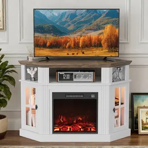 FURMAX Fireplace Corner TV Stand for Up to 55 Inch, Modern Console with 18 Inch Electric Fireplace, Entertainment Center with Open Shelf and Storage Cabinets for Living Room WIth LED Light