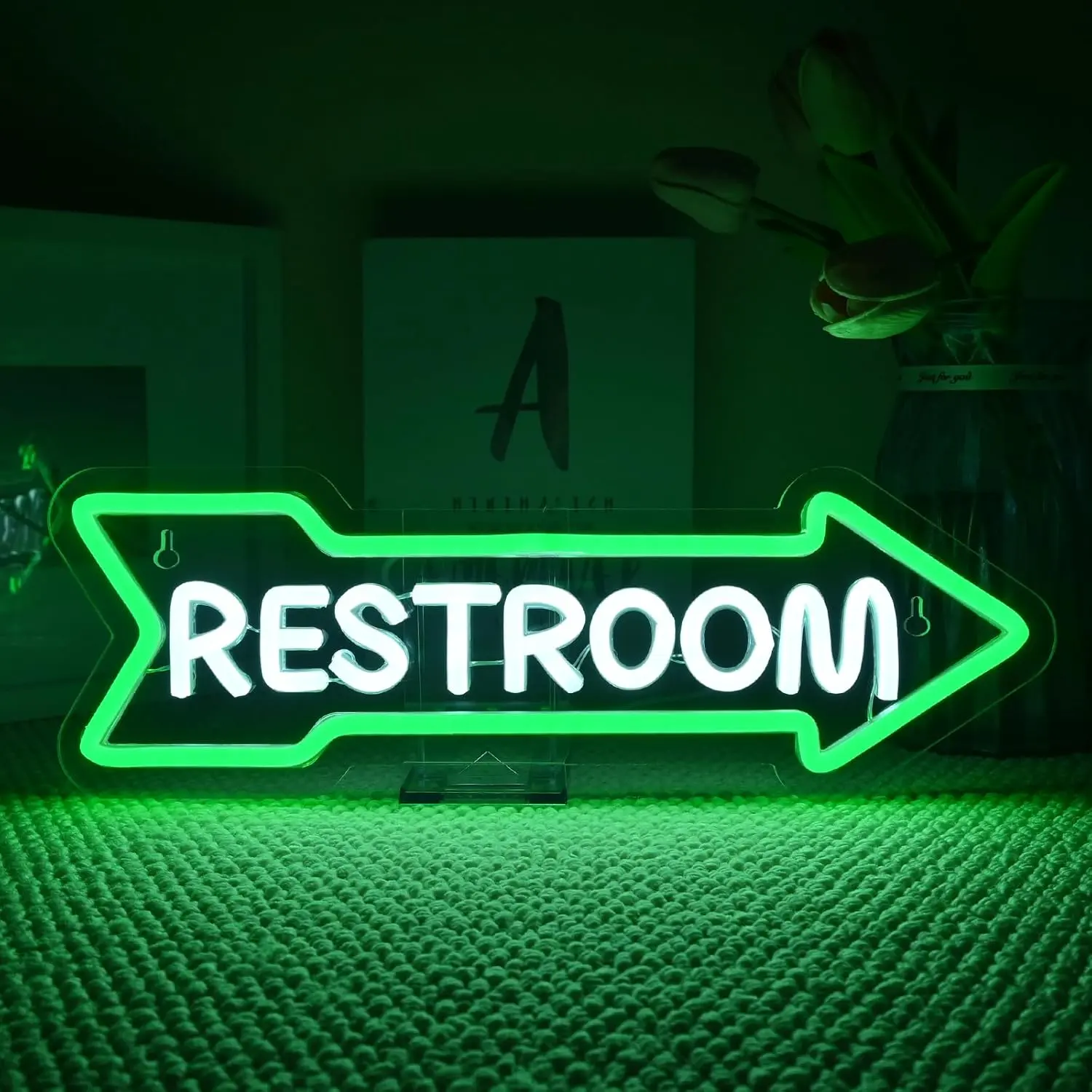 Wall-Mounted Right Arrow Neon Sign - White & Green LED Bright, Cableless, Custom-Shaped, Cutout, Dim Light Signs for Home, Hotel Bathroom Toilet Decor (Home Improvement Indoor Lighting), Bright Light Signs