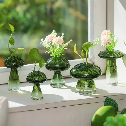 Nuptio Mushroom Decorative Flower Vase Set of 5, Hand Blown Glass Bud Vase, Dopamine & Cottagecore Home Accessories, Bedroom Accessories, Women's Gifts for Indoor Flower Display