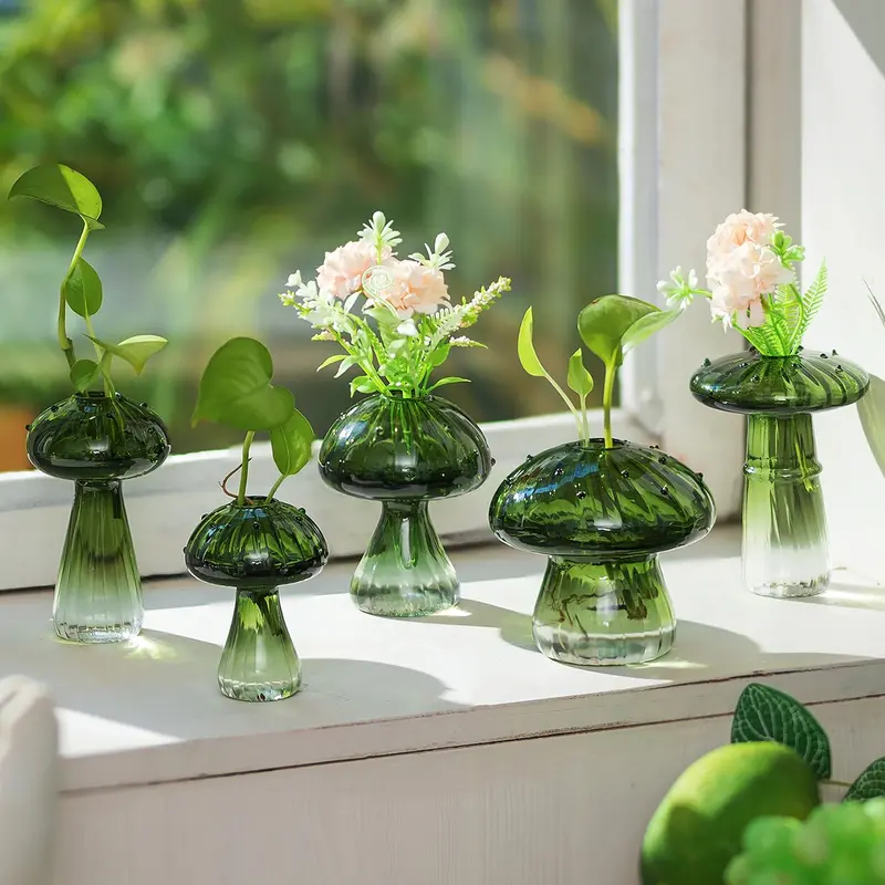 Nuptio Mushroom Decorative Flower Vase Set of 5, Hand Blown Glass Bud Vase, Dopamine & Cottagecore Home Accessories, Bedroom Accessories, Women's Gifts for Indoor Flower Display