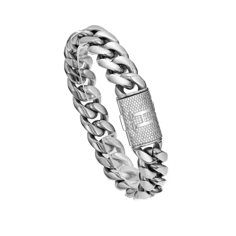 Iced Out Cuban Link Necklace and Bracelet Set for Men Women, Silver Plated Full CZ Stone A-Z Initial Letter Clasp, Hip Hop Chain Jewelry Unisex, Fashion Gift for Him Her