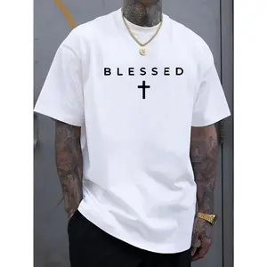 Men'S Casual Crew Neck T-Shirt with Cross & "BLESSED" Letter Print, 100% cotton Knit Fabric, Regular Fit Short Sleeve Tee for Summer, Comfortable & Versatile Weekend Casual Wear, Everyday Tshirt |   Sleek Black Tee |   Lightweight Fabric