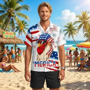 Merica Rooster Hawaiian Shirt, Funny Patriotic American Flag Style Tropical Short Sleeve Shirt, Summer Aloha Button Down Shirt, Gift for Him or Her
