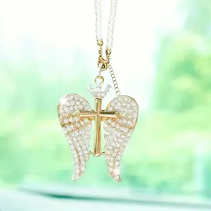 Diamond Angel Wings Car Charm, Cross Pendant, Elegant Rearview Mirror Ornament, Car Hanging Decoration, Perfect Gift for Women & Christians