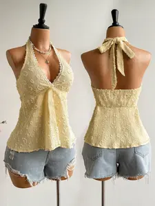 Women's Summer Fashion Lace Splicing Bow Tie Halter Top, Comfortable Casual Versatile Tank Top, Daily Date, Womenswear