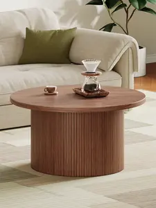 【SPOTLIGHT DAY】ONBRILL 31.5" Fluted Round Coffee Table, Modern Coffee Table with Wood Strip Base, Farmhouse Fluted Center Table for Living Room, Reception Room