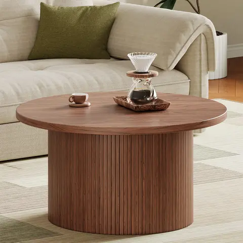 【Black Friday】ONBRILL 31.5" Fluted Round Coffee Table, Modern Coffee Table with Wood Strip Base, Farmhouse Fluted Center Table for Living Room, Reception Room